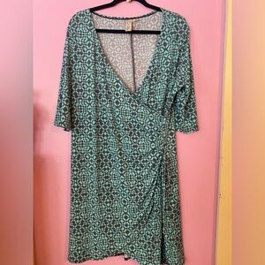 Faux Wrap Dress in Green & Grey